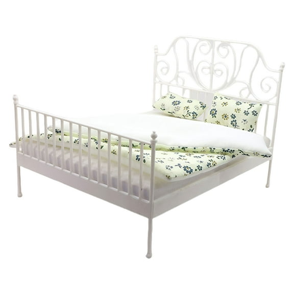 Miniature Iron Bed with Removable Bedding Model Project Decorative Accessories For 1/12 Scale Dollhouses Scene Display