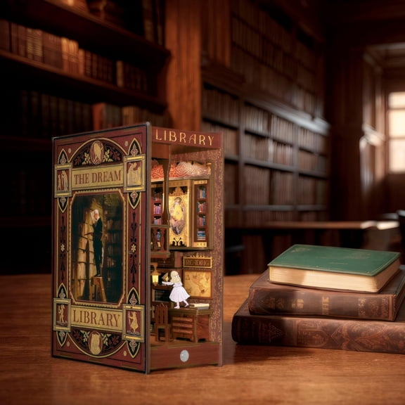 Miniature Library  Book Nook Kit for Adults, 3D Wooden Puzzle Bookend, Booknook Shelf Bookshelf Insert Diorama Decor, Book Lovers Gifts
