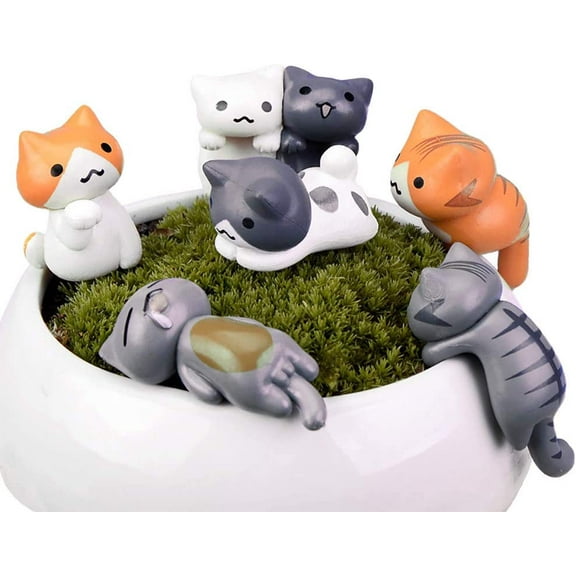Miniature Lucky Cat DIY Figurines, Pack of 6 Mini Fairy Garden Hanging Cat Figure Micro Landscape Home Garden Decor Plant Pots Bonsai Craft Decor Cake Topper