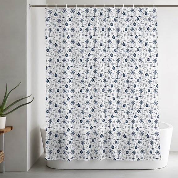 Miniature Palm Trees Bathroom Shower Curtain, Navy Blue Micro Floral Tree Starfish Sketch Icons Waterproof Washable Soft Bath Curtain for Bathtub Decor with 12 Hooks&Grommet, 36x78in