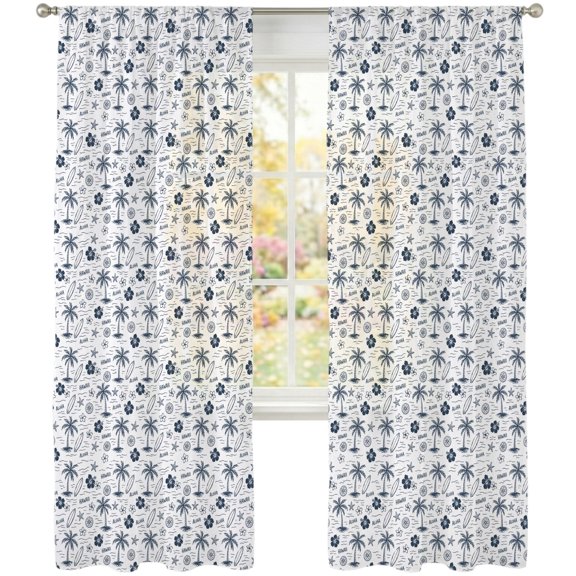 Miniature Palm Trees Sheer Curtains 108 Inches Long 2 Panels, Navy Blue Micro Floral Tree Starfish Sketch Icons Semi Sheer Rod Pocket Window Curtains Light Filtering Drapes for Living Room Bedroom