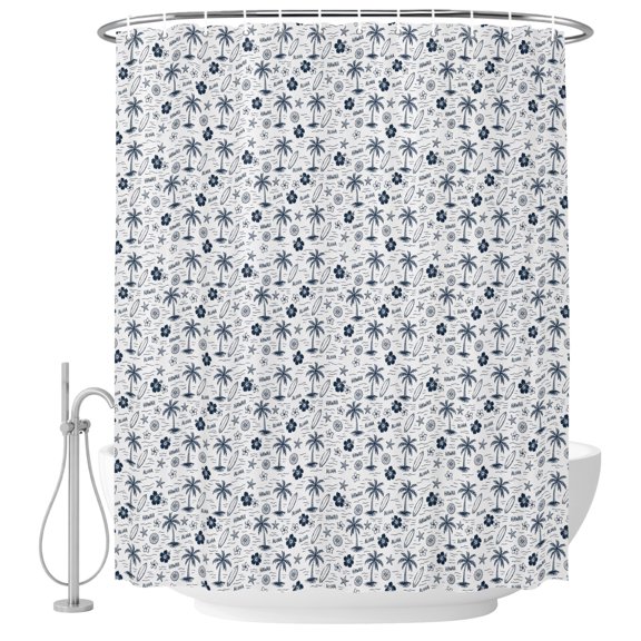 Miniature Palm Trees Shower Curtain for Bathroom, Navy Blue Micro Floral Tree Starfish Sketch Icons Waterproof Cloth Fabric Bathroom Accessories Set with 12 Rust Proof Plastic Hooks, 72"x78"