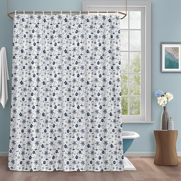 Miniature Palm Trees Shower Curtain with Hooks, Navy Blue Micro Floral Tree Starfish Sketch Icons Sturdy Water Repellent Shower Curtains for Bathroom Bathtub, Machine Washable Curtains 36x78 Inch