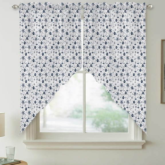 Miniature Palm Trees Swag Kitchen Curtain Valances, Navy Blue Micro Floral Tree Starfish Sketch Icons Rod Pocket Curtains Window Treatment Decor Valances for Bedroom Bathroom, 2 Panels 28 x 36 Inch