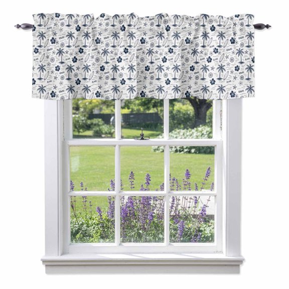 Miniature Palm Trees Valance Curtain 1 Panel, Navy Blue Micro Floral Tree Starfish Sketch Icons Kitchen Valance with Rod Pocket Window Treatment Short Curtains for Bathroom Bedroom, 42 x 12 Inches