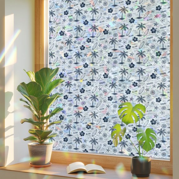 Miniature Palm Trees Window Privacy Film, Navy Blue Micro Floral Tree Starfish Sketch Icons Static Cling Stained Glass Window Sticker Decorative Removable Rainbow Film for Glass 17.7”x39.3”