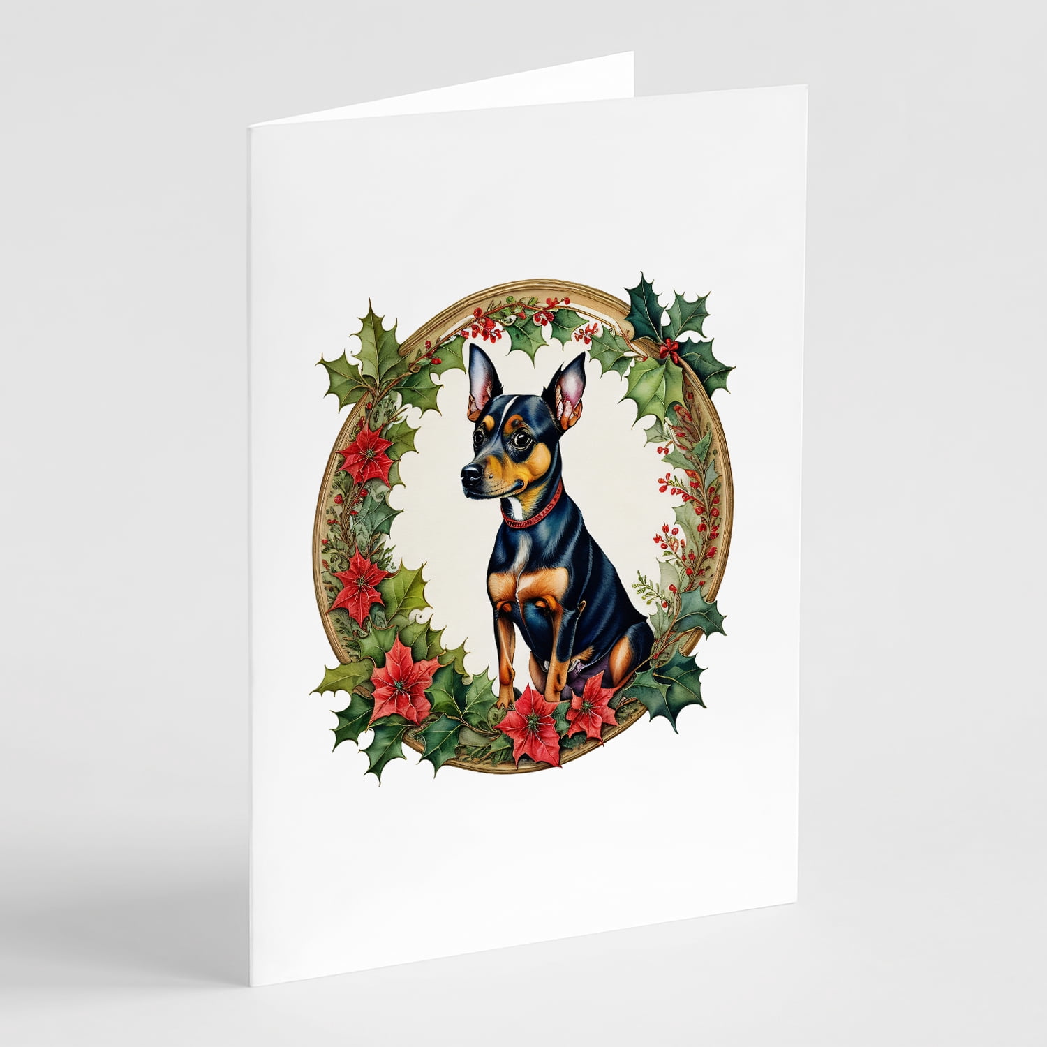 Miniature Pinscher Christmas Flowers Greeting Cards Pack of 8 7 in x 5 in