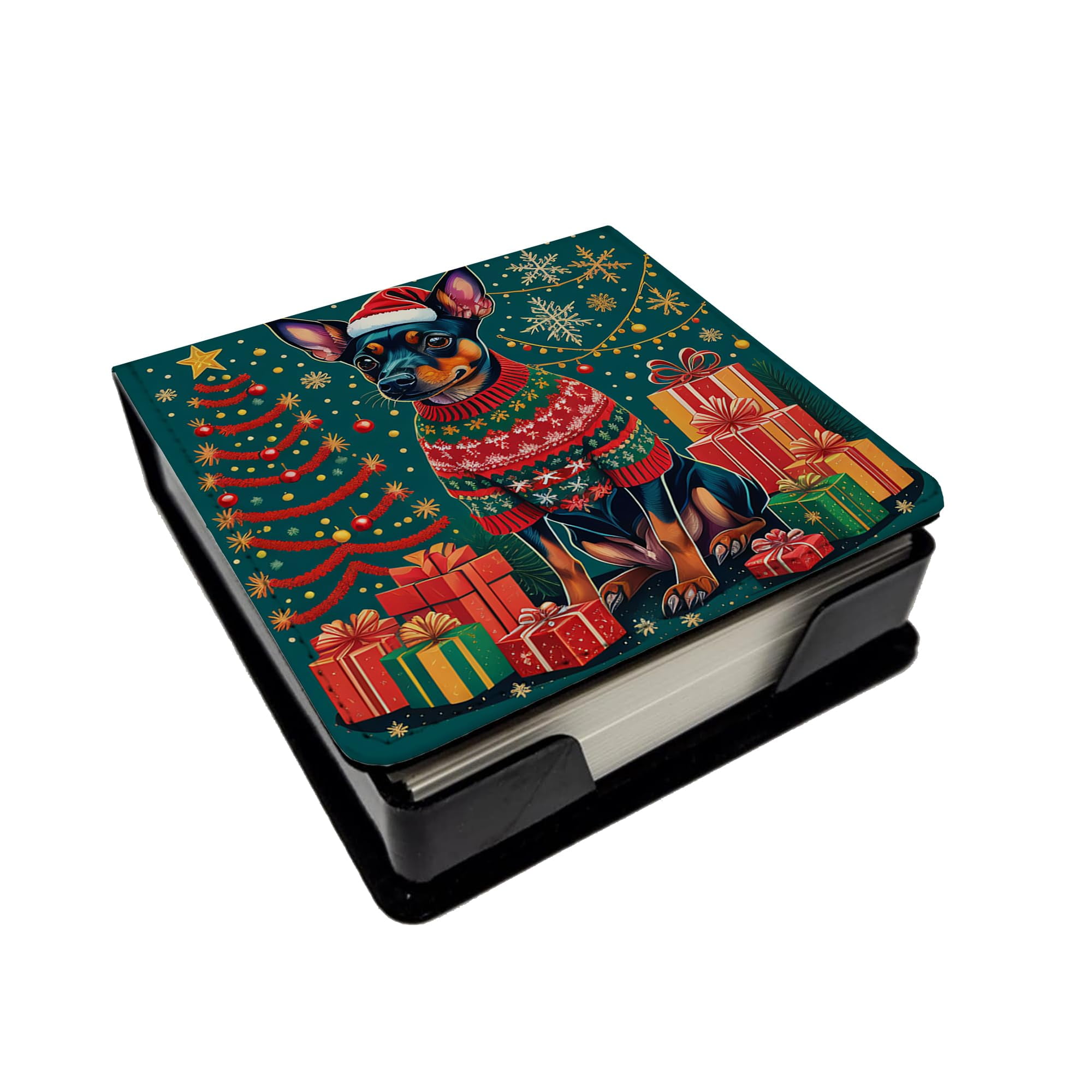 Caroline's Treasures Miniature Pinscher Christmas PU Leather Note Paper Holder with Artist-Designed Cover, Desk Accessory, Office Gift