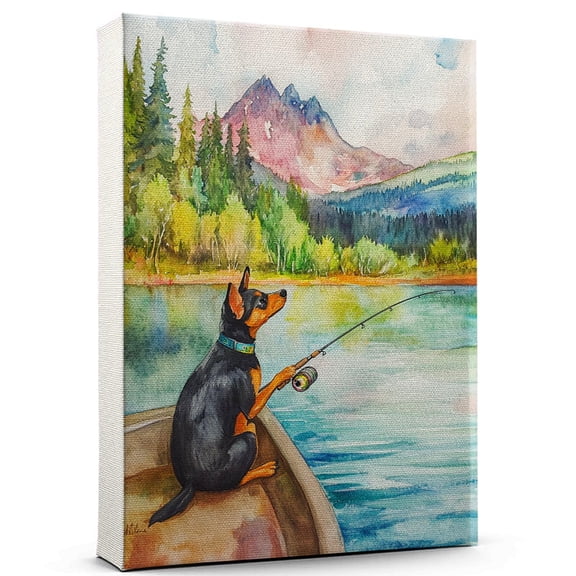 Miniature Pinscher Dog Canvas Canvas – Fishing Theme Dog Art for Wall, Miniature Pinscher Dog Playing Fishing Wall Art, Dog Lover Canvas Decor