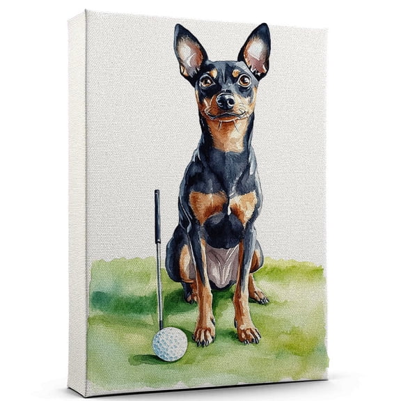 Miniature Pinscher Dog Canvas Canvas Golf Theme Dog Art for Wall, Miniature Pinscher Dog Playing Golf Wall Art, Dog Lover Canvas Decor