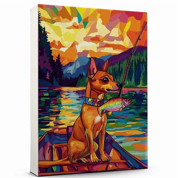 Miniature Pinscher Dog Playing Fishing Canvas Canvas – Vintage Style Miniature Pinscher Dog Art for Fishing Fans, Great Gift for Dog Owners