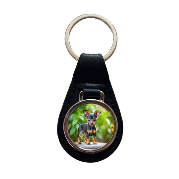 Miniature Pinscher Dog Puppy Photo Metal Black Leather Keychain
