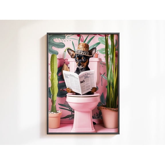 Miniature Pinscher Dog On Toilet Print Funny Poster Mini Pinscher Print Funny Bathroom Wall Decor Toilet Wall Art Funny Bathroom Wall Art , Poster Print Only