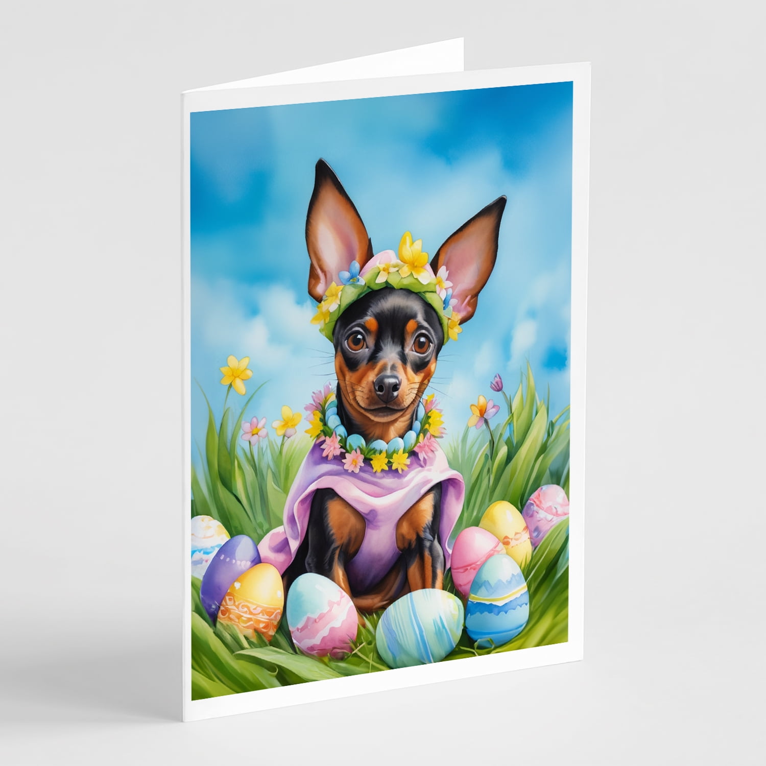 Miniature Pinscher Easter Egg Hunt Greeting Cards Pack of 8 7 in x 5 in