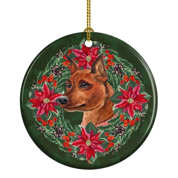 Miniature Pinscher Poinsetta Wreath Ceramic Ornament 2.8 in x 2.8 in