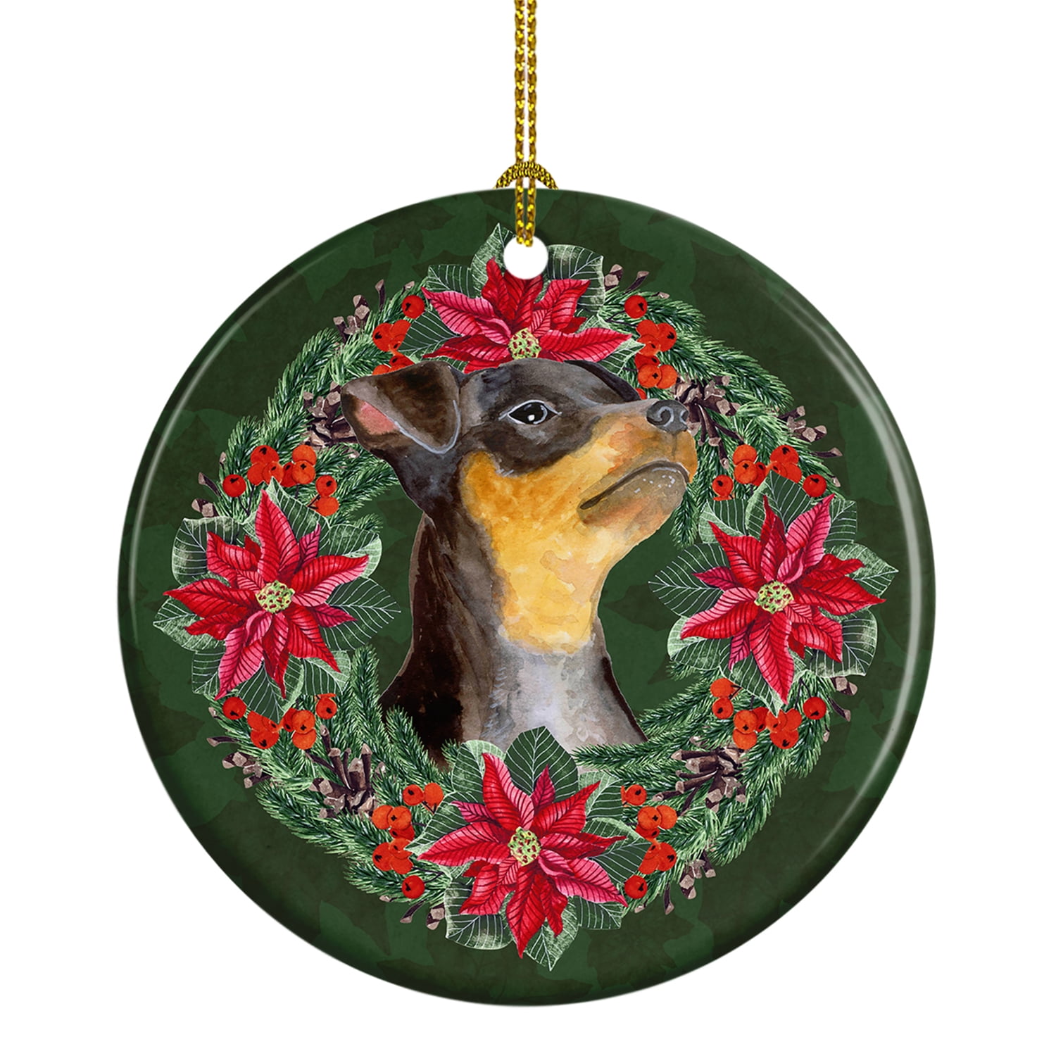 Miniature Pinscher #2 Poinsetta Wreath Ceramic Ornament 2.8 in x 2.8 in