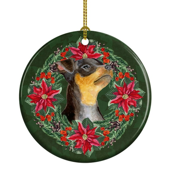 Miniature Pinscher #2 Poinsetta Wreath Ceramic Ornament 2.8 in x 2.8 in