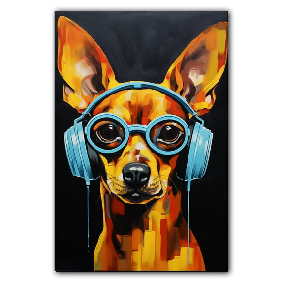 Miniature Pinscher Wall Art - Funny Dog Canvas Canvas for Kids' Room 11x17inch - Colorful Puppy with Earphone Pictures Framed Ready to Hang