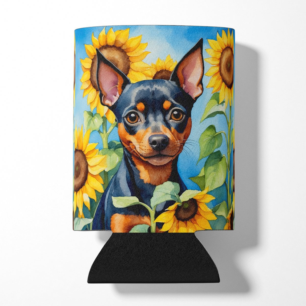 Miniature Pinscher in Sunflowers Can or Bottle Hugger 3 in x 5 in