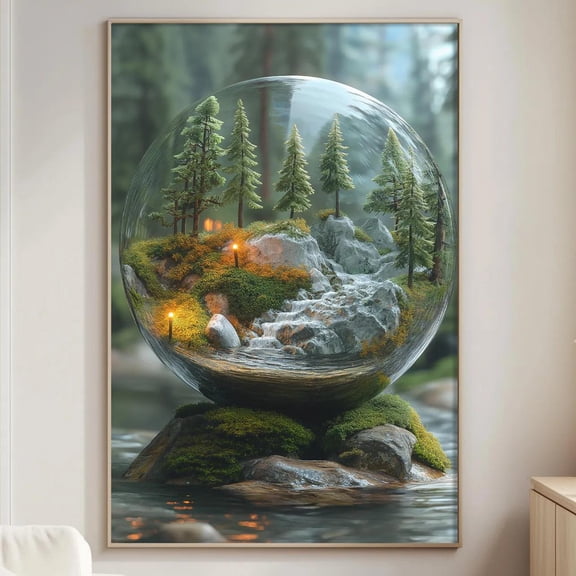 Miniature Planet Glass Sphere Wall Art, Surreal Floating World Poster, Dreamy Landscape Print, Modern Fantasy Decor, Unique Office Art, Poster Only