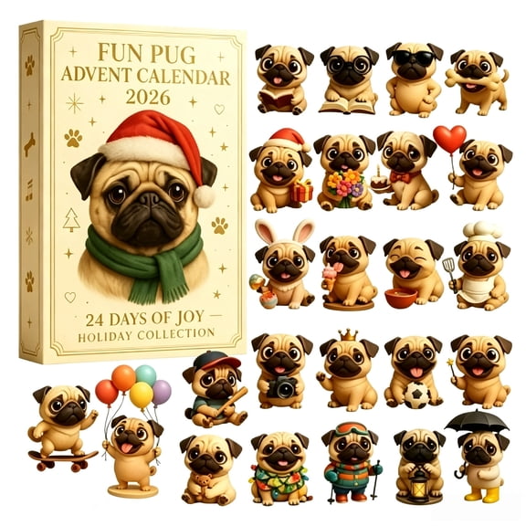 Miniature Pug Collectible Figurine Set, Holiday Christmas Themed Surprise Decor for Family Decoration