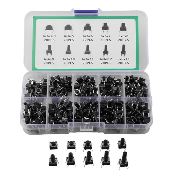 Miniature Push Button Switches - 4 Pin Tactile Momentary Contact Switch Set, 200PCS with Through-Hole Mounting, Black for Electronic Devices and Household Appliances