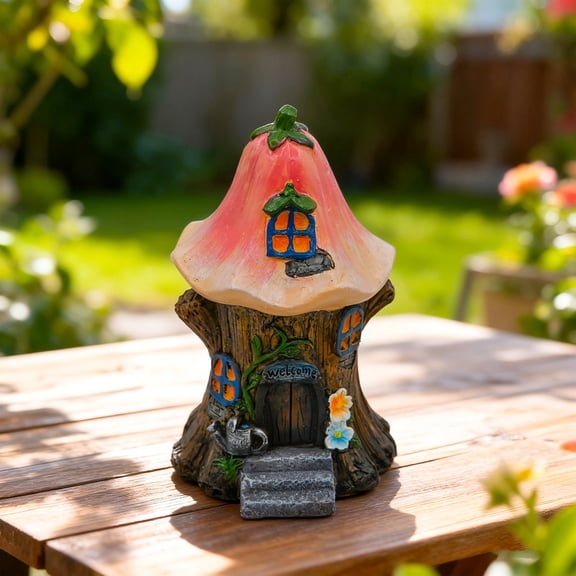 Miniature Resin House for Garden Lawn Patio Tabletop Decoration with Whimsical Tale Design and Rustic Conventional Style Aesthetic