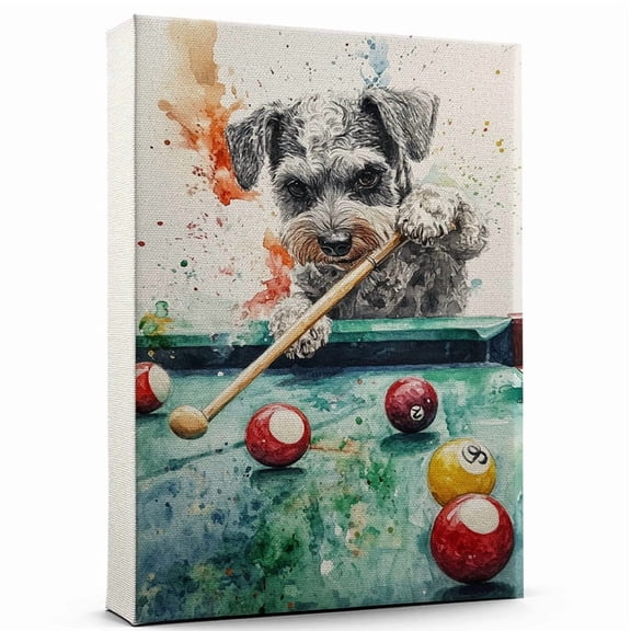 Miniature Schnauzer Dog Canvas Canvas Billiards Theme Dog Art for Wall, Miniature Schnauzer Dog Playing Billiards Wall Art, Dog Lover Canvas Decor