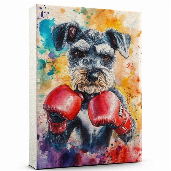 Miniature Schnauzer Dog Canvas Canvas Boxing Theme Dog Art for Wall, Miniature Schnauzer Dog Playing Boxing Wall Art, Dog Lover Canvas Decor