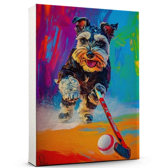 Miniature Schnauzer Dog Ice Hockey Art Canvas Miniature Schnauzer Dog Playing Ice Hockey Wall Art, Dog Lover Canvas, Sports Theme Decor for Living Room
