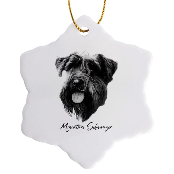 3drose, Miniature Schnauzer Dog Portrait in Black and White. Dog Breed Gift, 3 inch Snowflake Porcelain Ornament