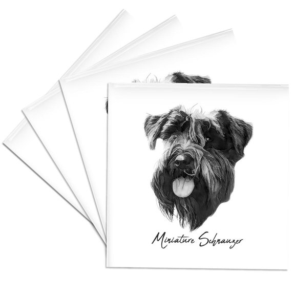 3drose, Miniature Schnauzer Dog Portrait in Black and White. Dog Breed Gift, Set of 4 Ceramic Tile Coasters