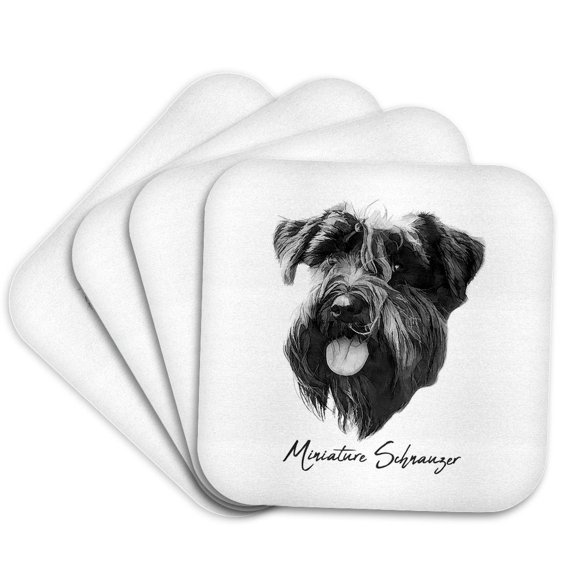 3drose, Miniature Schnauzer Dog Portrait in Black and White. Dog Breed Gift, Set of 4 Coasters - Soft