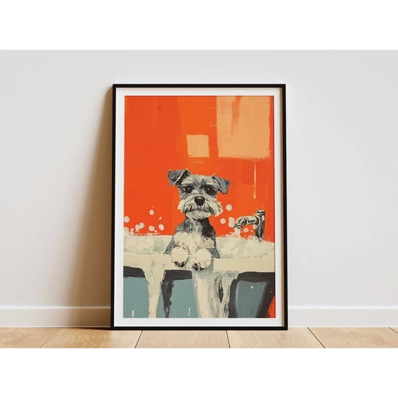 Miniature Schnauzer Puppy Art Print Foamy Bathtub Poster Dog Lover Gift Pet Wall Art Cute Animal Nursery Decor PuppyTub Art Modern Decor