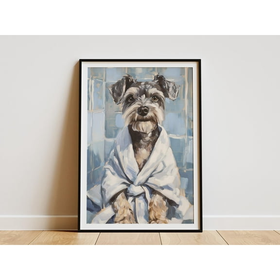Miniature Schnauzer Puppy in Bathrobe Art Print Dog Lover Gift Cute Animal Wall Decor Nursery Art Pet Portrait Poster Dog in Robe - Poster Unframed