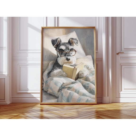 Miniature Schnauzer Reading Book With Glasses In Cozy Bed Print, Whimsical Animal Art , Poster Print Only