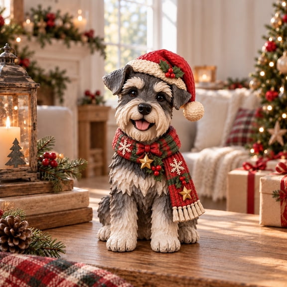 Miniature Schnauzer Santa Hat Christmas Wooden Block 3 Layer Figurine for Dog Lover Holiday Decor