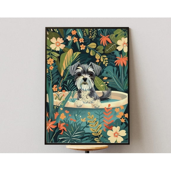 Miniature Schnauzer Wall Art On Fine Art Paper, Boho Jungle Bathtub Print, Maximalist Botanical Decor, Eclectic Tropical Nursery Poster Wall Art, Modern Wall Decor For Living Room, 8x12 UNFRAMED