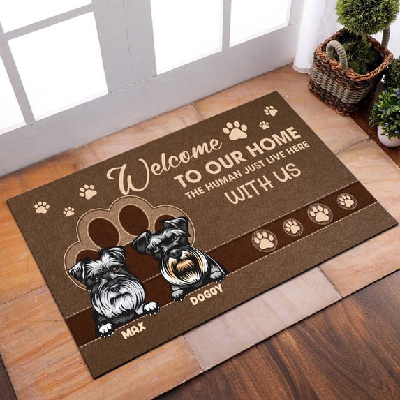 Miniature Schnauzer Welcome To Our Home The Human Just Live Here With Us Doormat Indoor Rug Front Door Mat Non Slip Entrance Floor Mat Kitchen Mats for Home Decorative Porch Mats