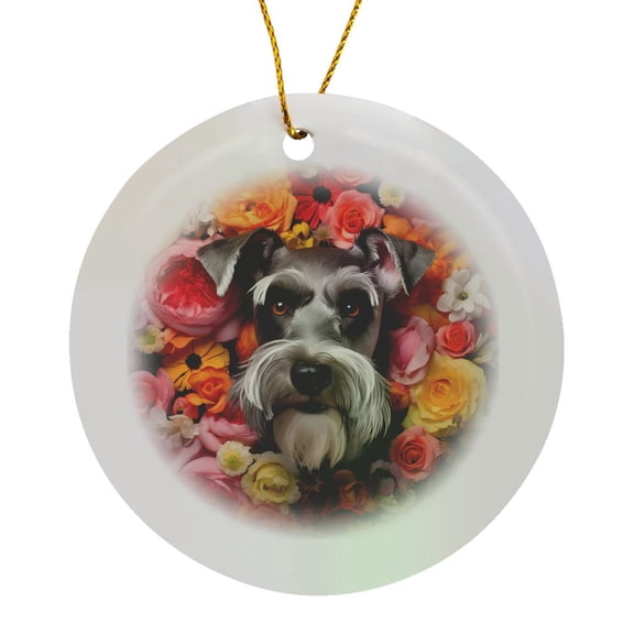 3drose, Miniature Schnauzer with Floral Background, Circle Porcelain Ornament