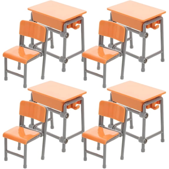 Miniature School Desk and Chair Set 4 Pieces Dollhouse Furniture for Classroom Decor and Tiny Doll Accessories 2.00X2.00X1.25In