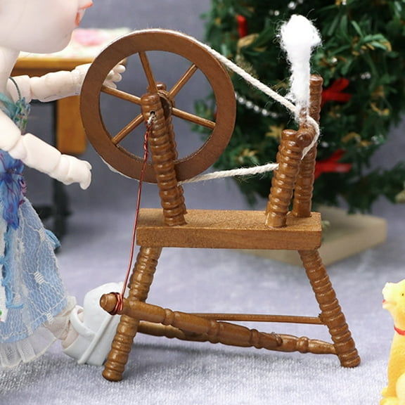 Miniature Spinning Wheel Retro Realistic Wooden 1/12 Scale Maroon Spinning Wheel Model for Dollhouse