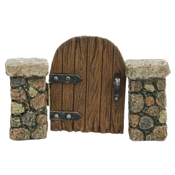 Miniature Stone Pillar Wood Gate Fairy Garden Door Ornament Dollhouse Accessory