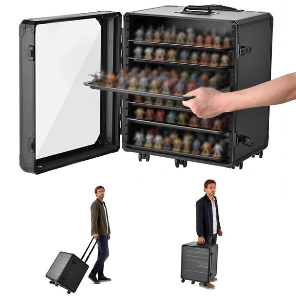 Miniature Transport Case for Action Figures, Tabletop Display Case for Figurines with Acrylic Door and 6 Trays, Compatible Storage Box with Trolley Handle,