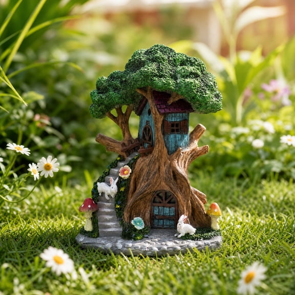 Miniature Tree House Sculpture, Fairy Garden Statue Whimsical Rural Appeal Detailed Branch Texture Easy Maintenance, Decorative Landscaping Tabletop Accent for Living Room Office Desk Shelf