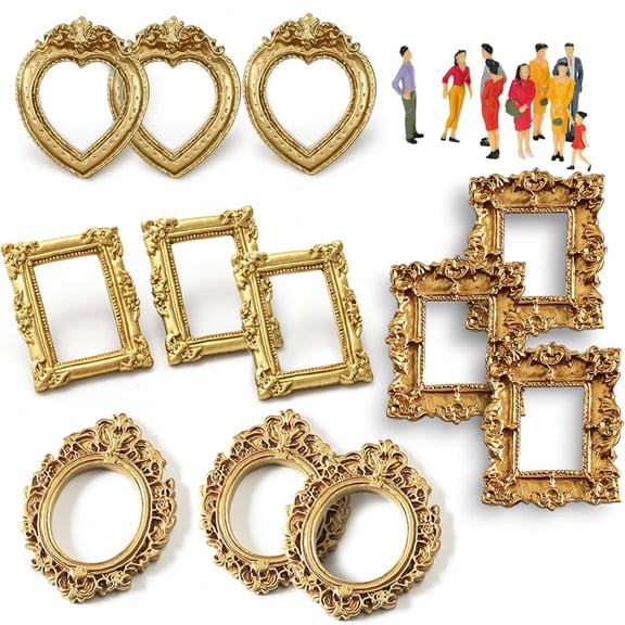 Miniature Vintage Picture Frames Set with 10 Figurines for DIY Mini Museum Display, Tiny Antique Frames for Shadow Box, Dollhouse Decor and Craft Projects 24PCS