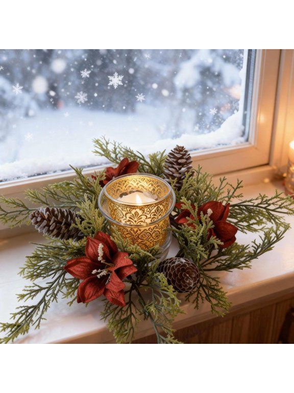 Miniature Winter Pinecone Candle Wreath Faux Floral Candlestick Ring Centerpiece For Dining Table Decor Multicolor 11 Inch