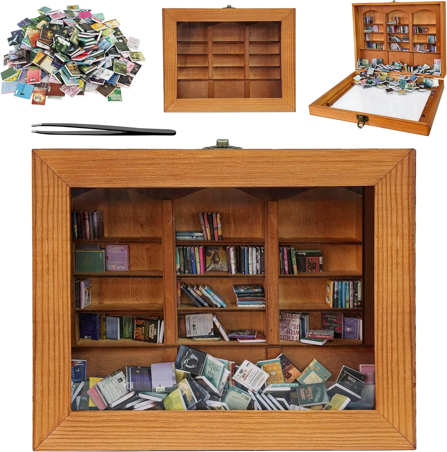 Miniature Wooden Bookshelf with 200 Mini Books - Stress Relief Desktop Decor for Book Lovers, Office & Home Desk Organizer with Tiny Books Collection