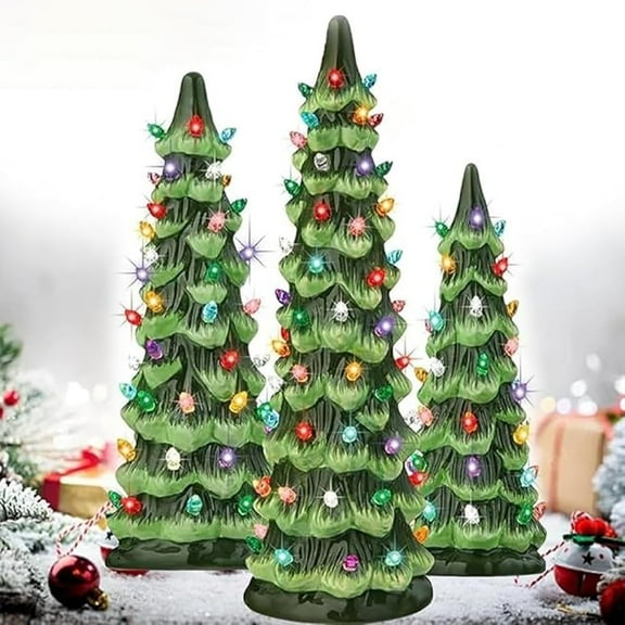 Minibee 13.7" Retro Ceramic Christmas Trees that Light up, Tabletop Holiday Decor with Multicolor LED Lights