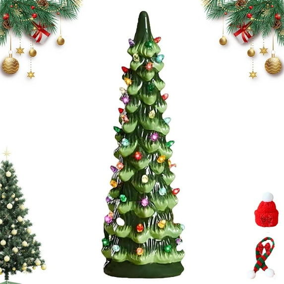 Minibee 13.7" Tabletop Ceramic Christmas Tree, Multicolor LED Lights, Retro Holiday Home Decor